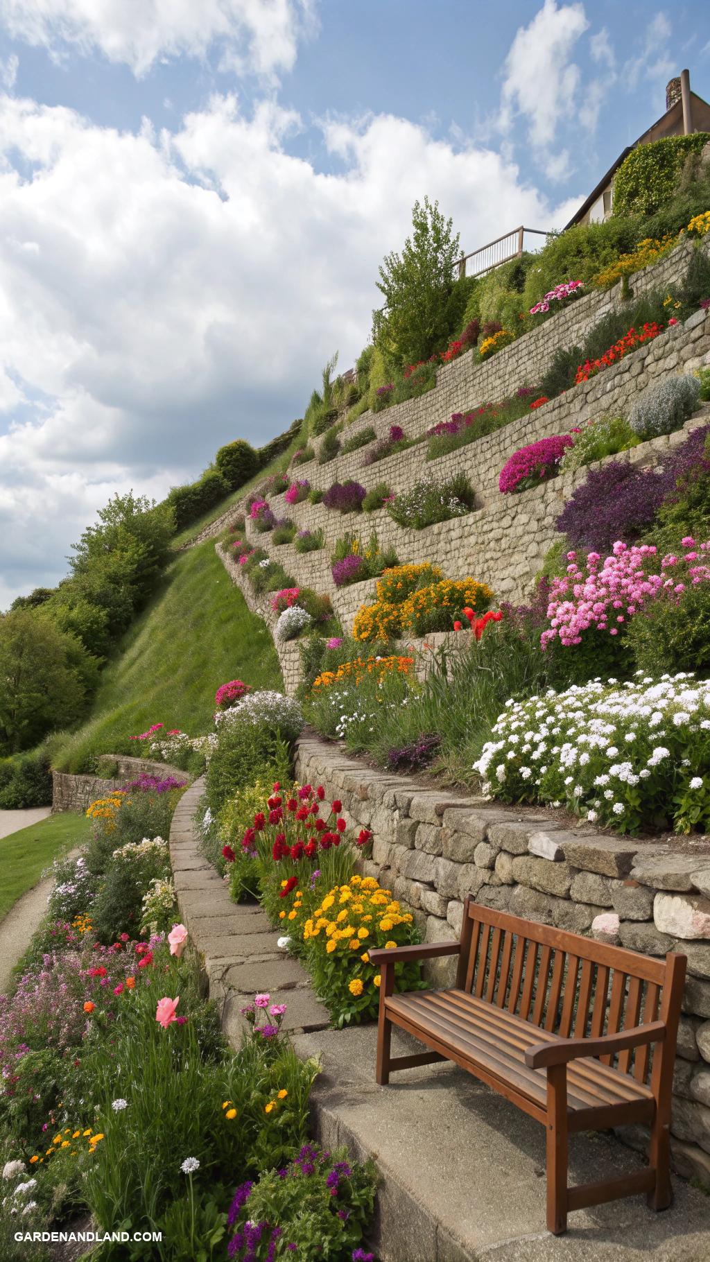 steep hill landscaping Terraced garden beds with vibrant flowers
