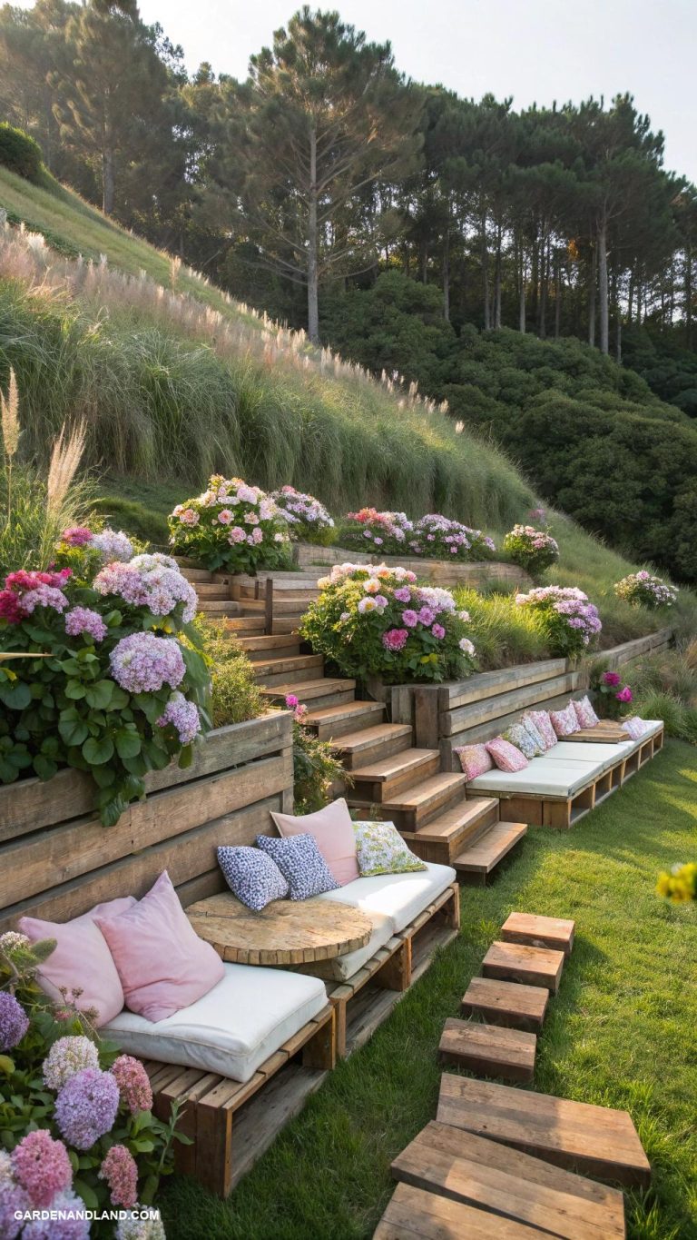 steep hill landscaping Tiered seating areas for outdoor gatherings
