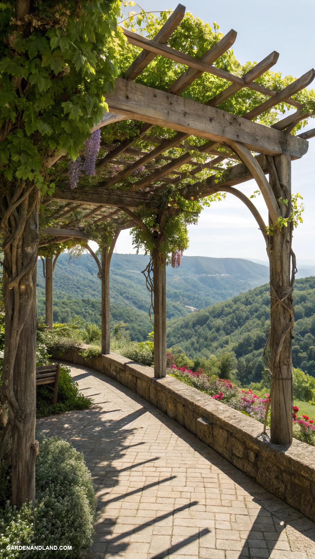 steep hill landscaping Wooden pergola with climbing vines overhead