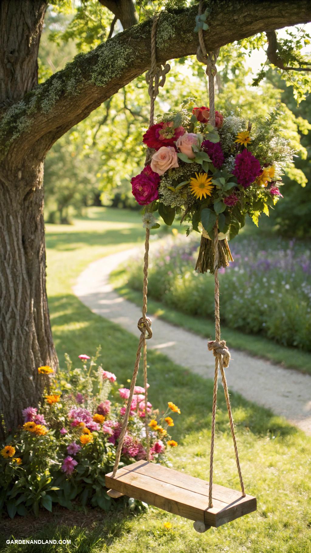 tree swing ideas Flower adorned swing for whimsical touch