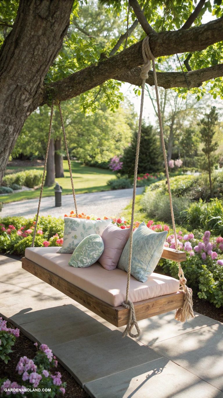 tree swing ideas Natural wood plank swing with cushions