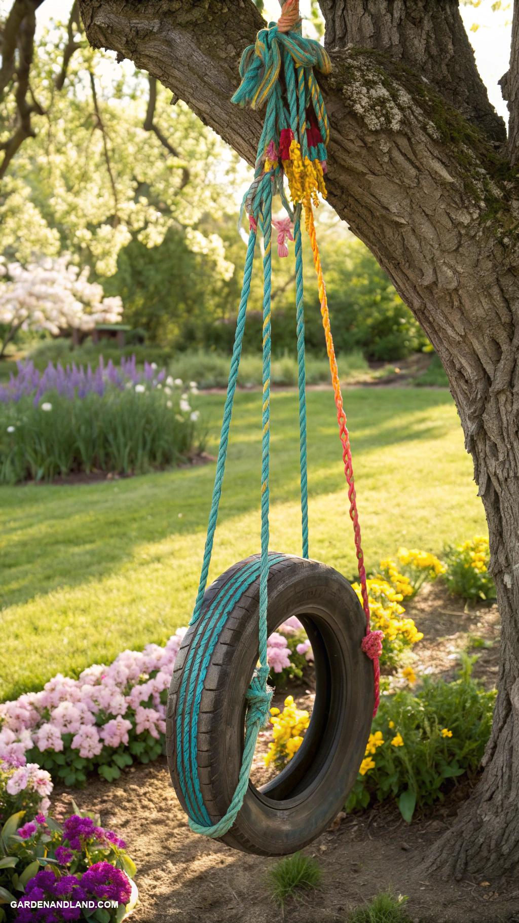 tree swing ideas Vintage tire swing with colorful ropes