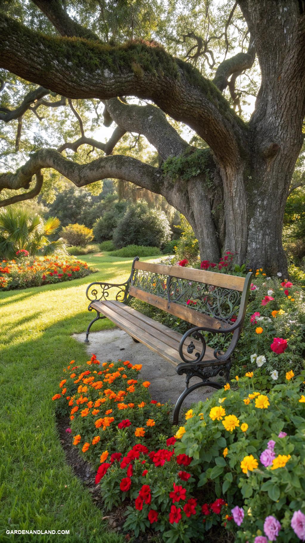 under tree landscaping ideas Garden bench surrounded by vibrant blooms