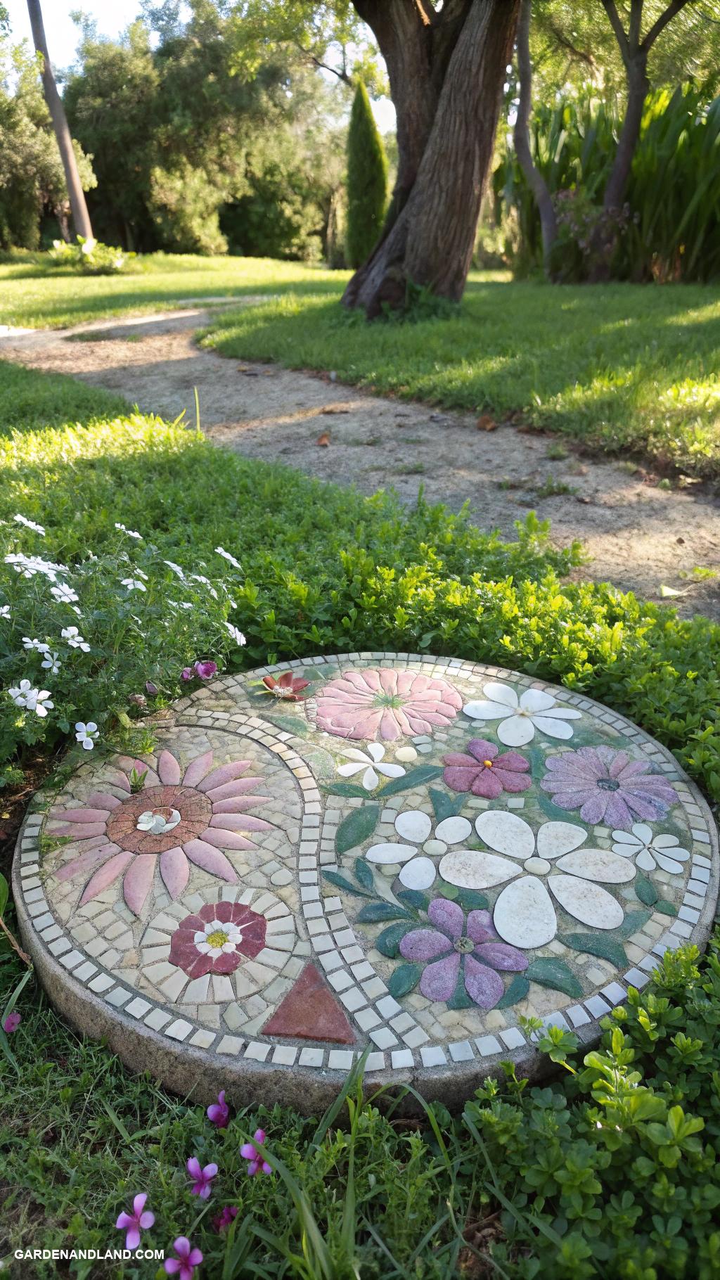 under tree landscaping ideas Mosaic stepping stones with flower patterns