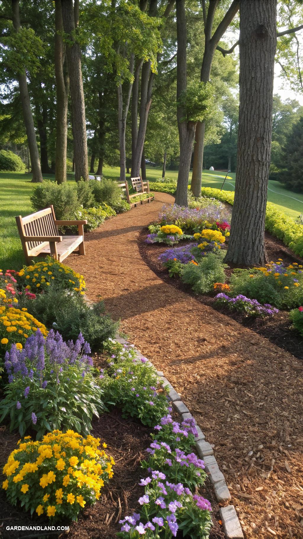 under tree landscaping ideas Natural mulch pathways through flower beds