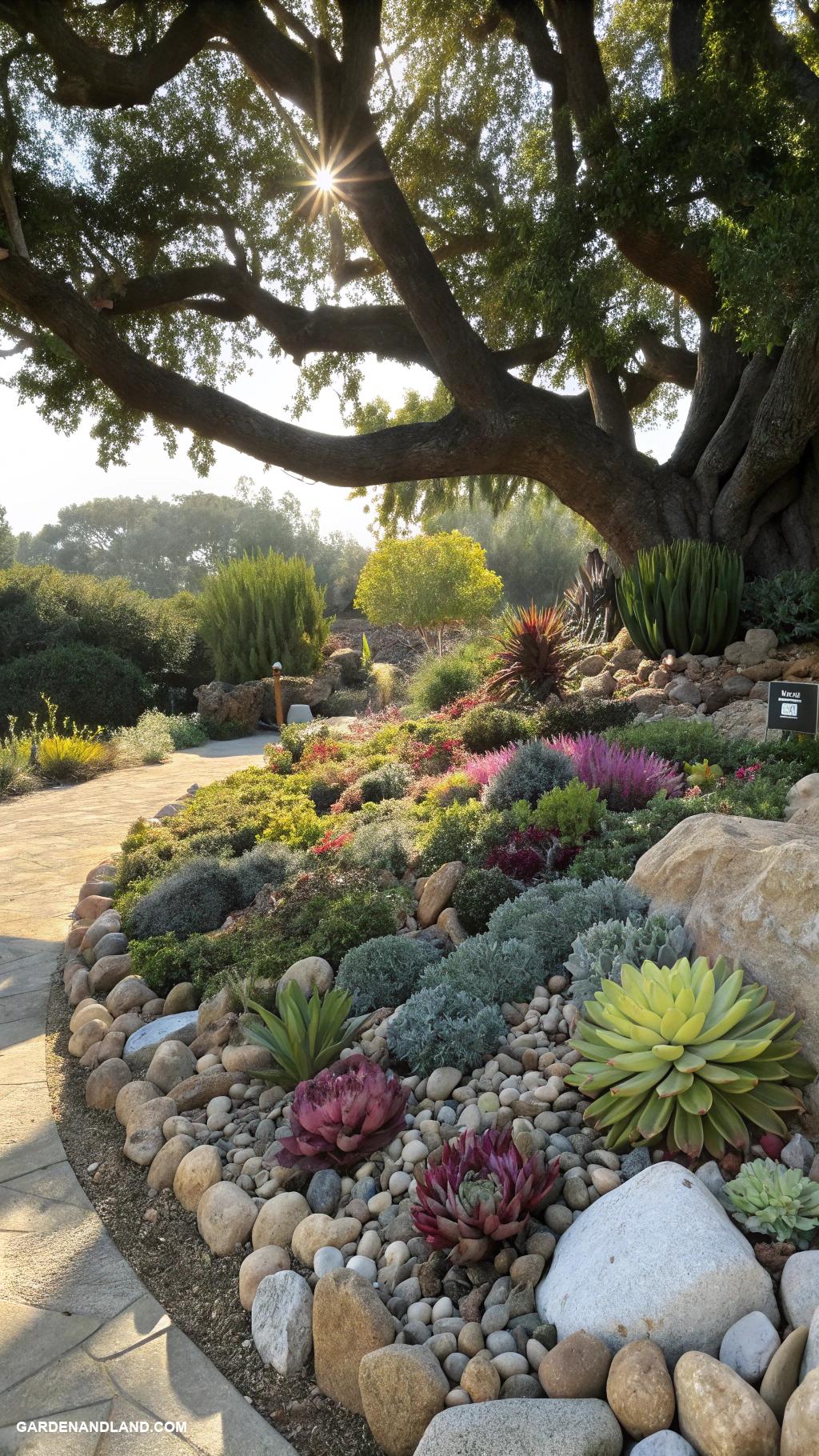 under tree landscaping ideas Rock garden with colorful succulents