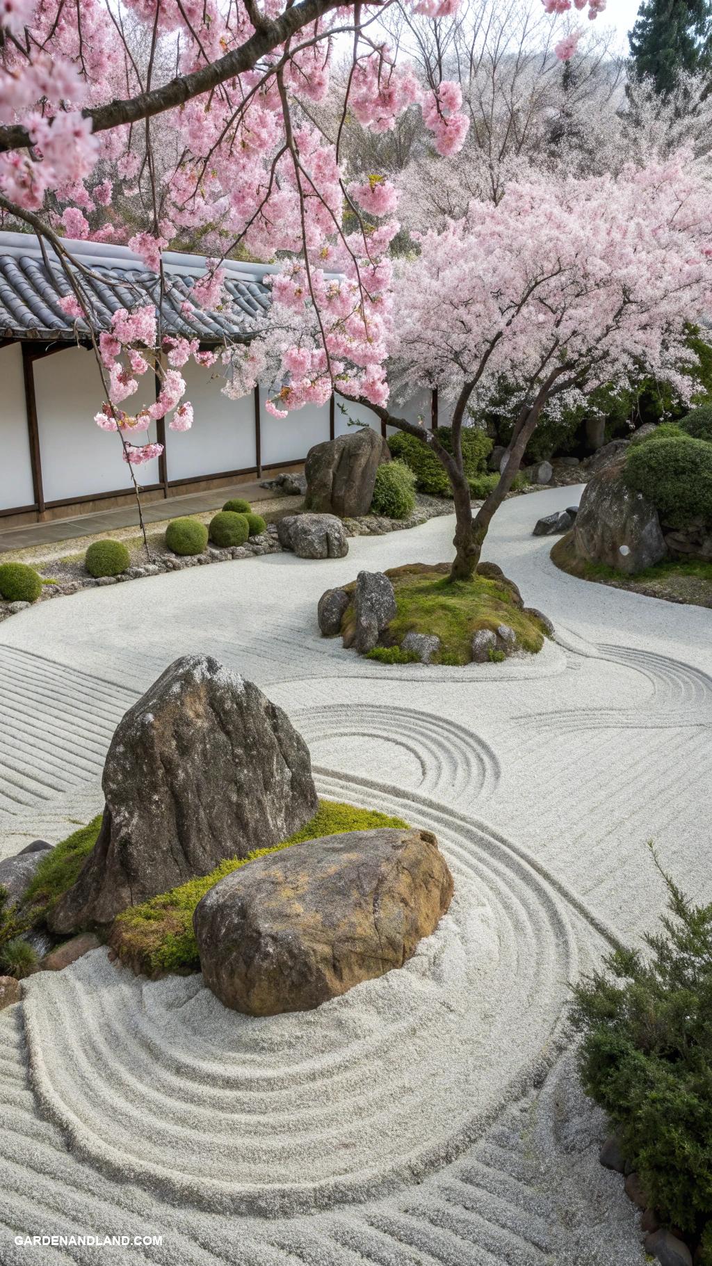 under tree landscaping ideas Zen rock garden with sand patterns