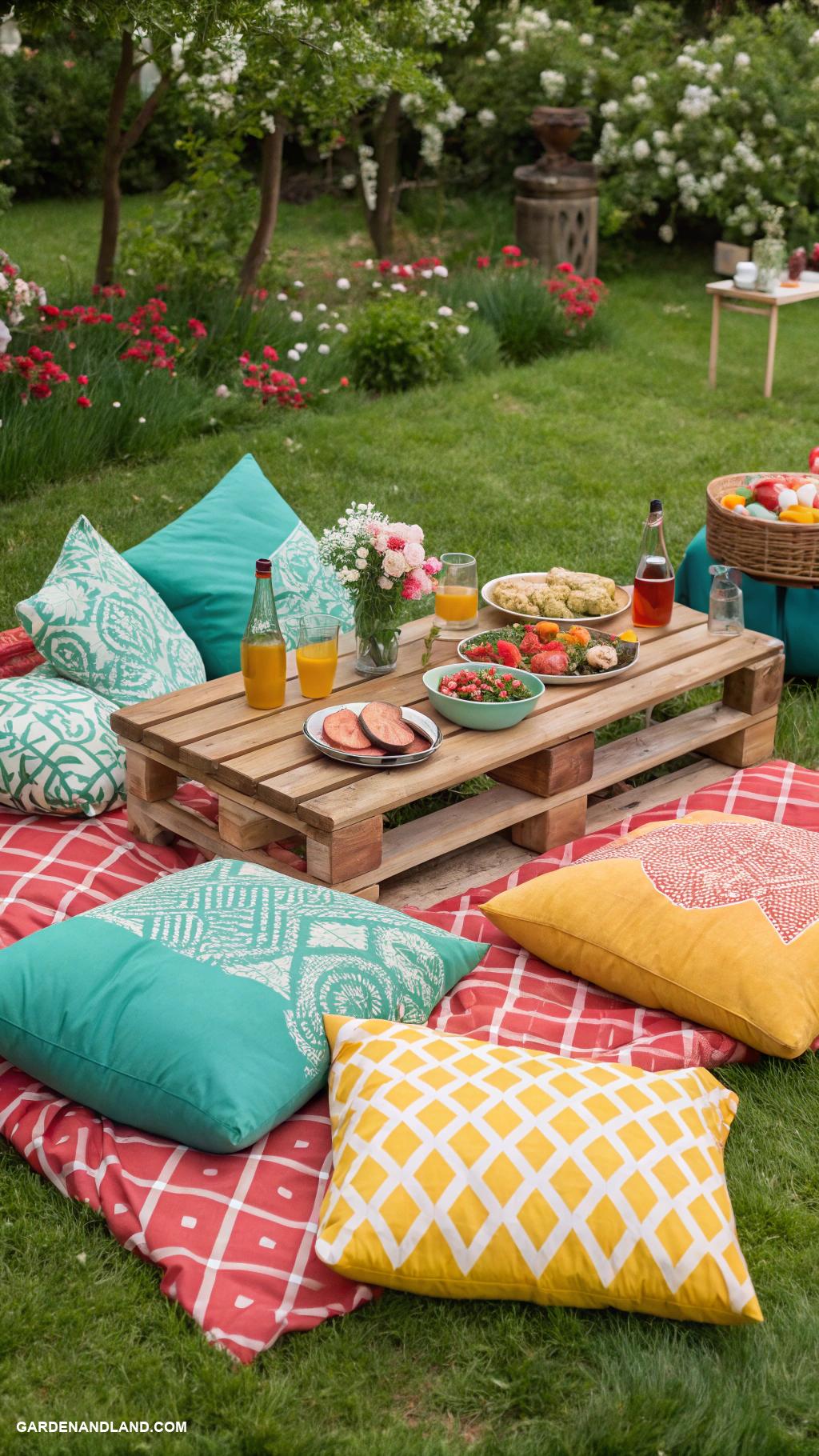 backyard BBQ party ideas Picnic style seating with blankets and cushions