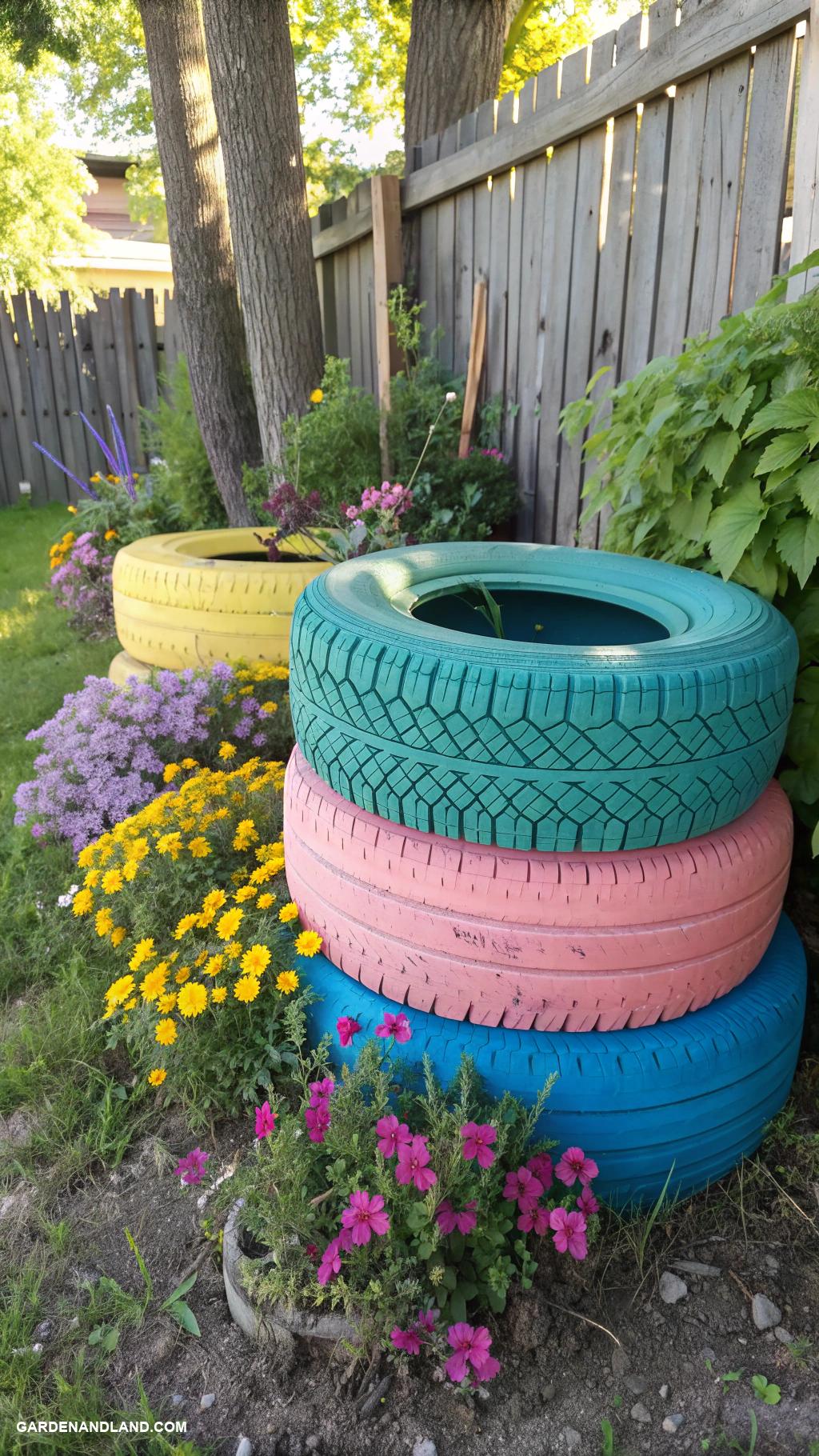 cheap fence Painted tires stacked for colorful dividers