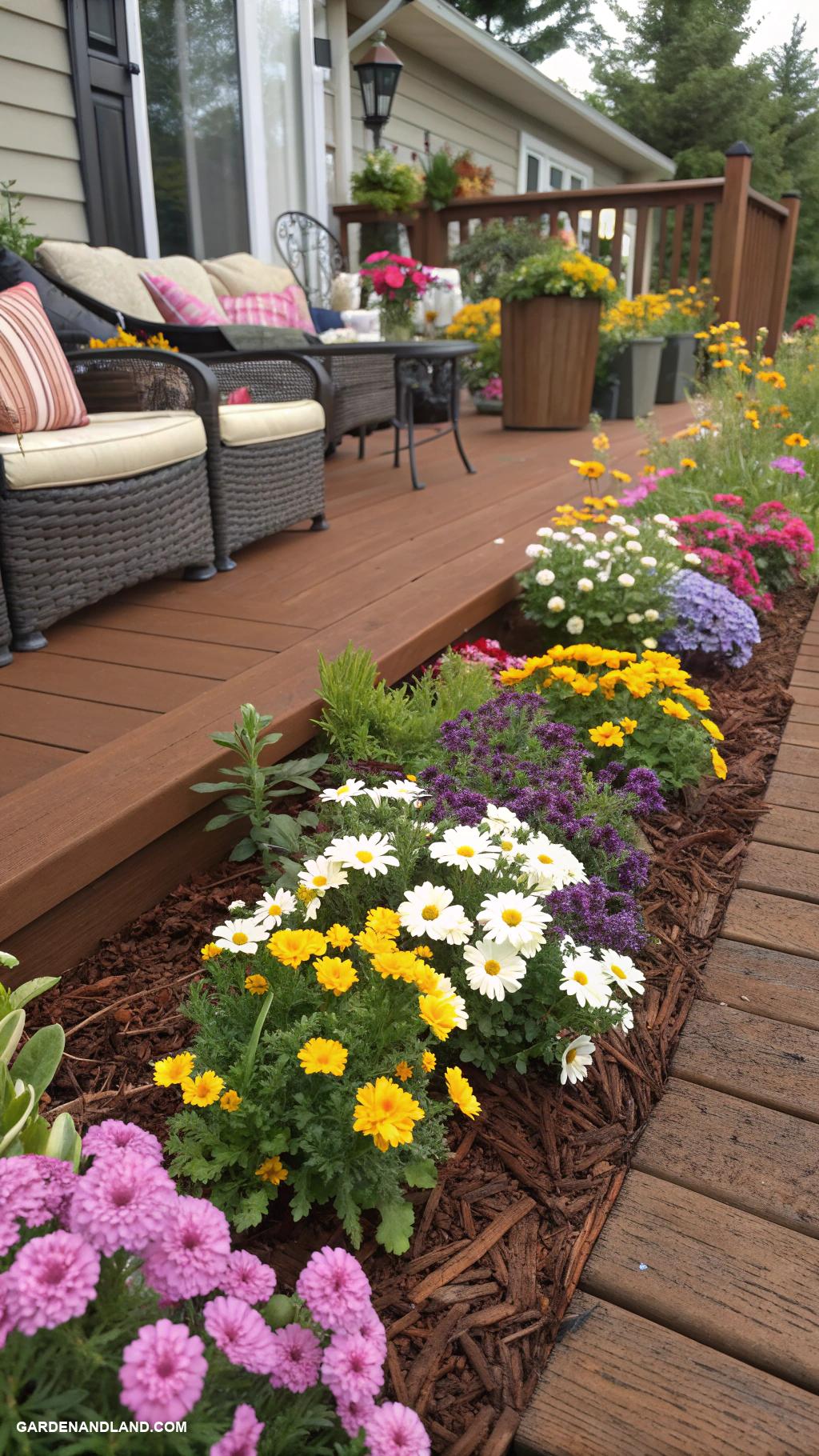 deck skirting ideas cheap Cedar mulch with colorful flower borders