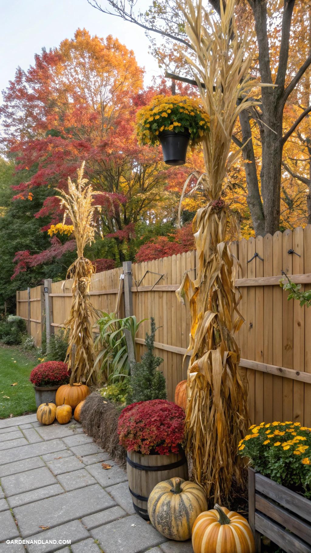 fall backyard ideas Decorative cornstalks as garden accents