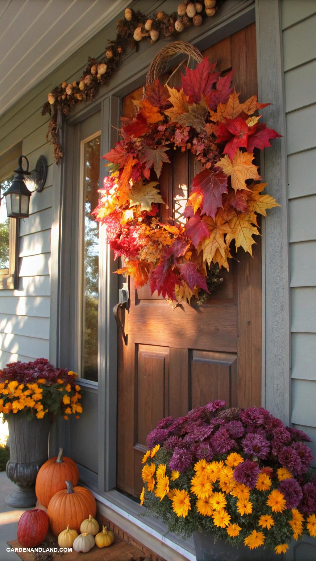 fall exterior house decorating Autumn leaf wreath on the front door