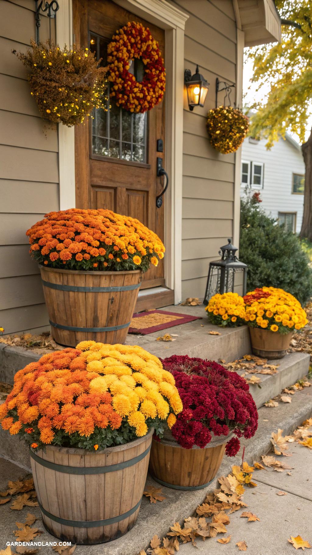fall exterior house decorating Colorful mums in decorative planters