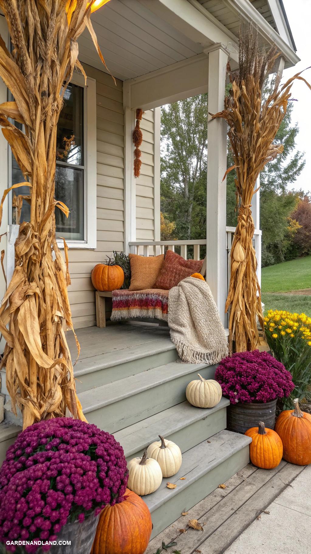 fall exterior house decorating Corn stalks flanking porch steps