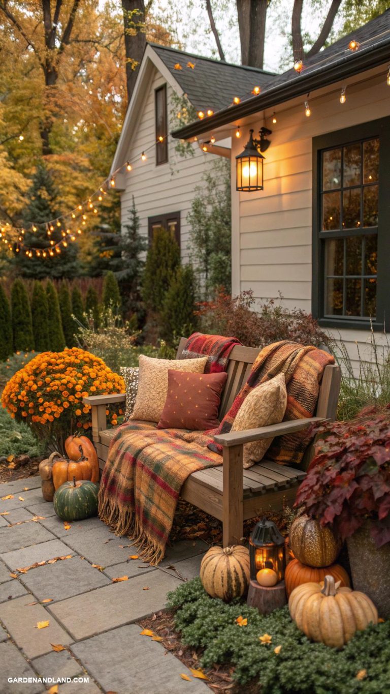 fall exterior house decorating Cozy seating area with plaid blankets