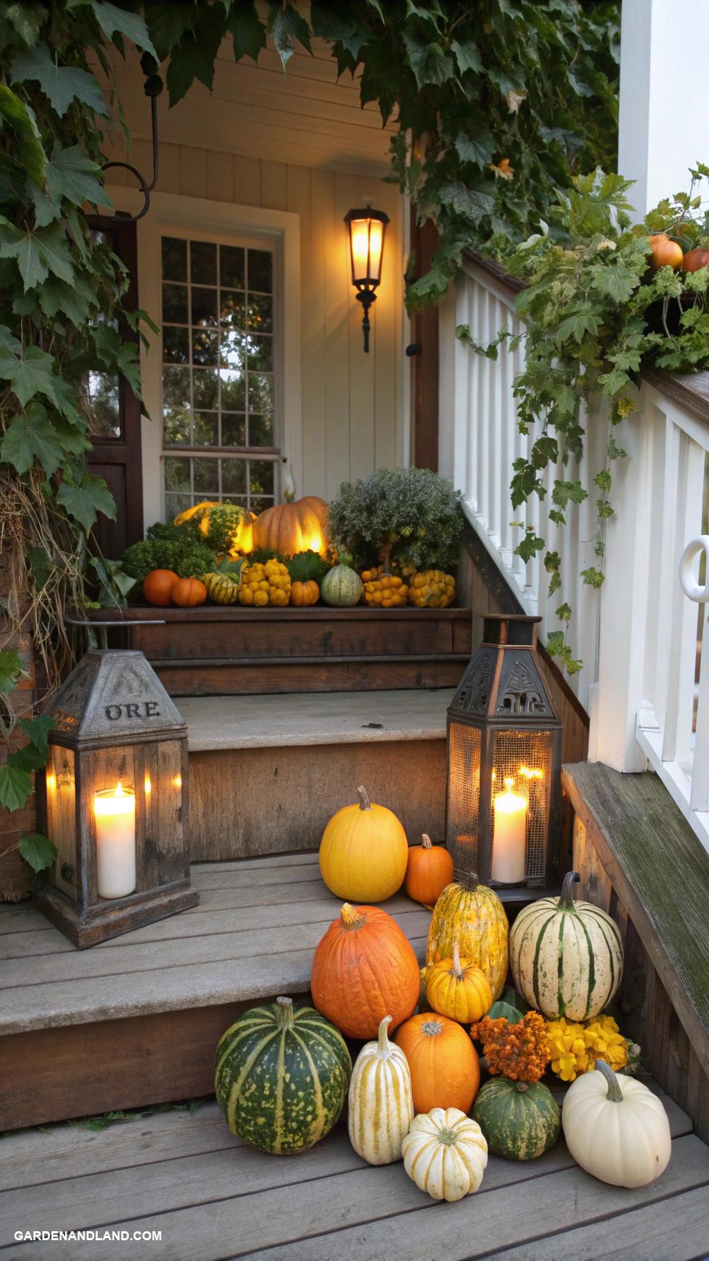 fall exterior house decorating Gourd display at entryway with lanterns