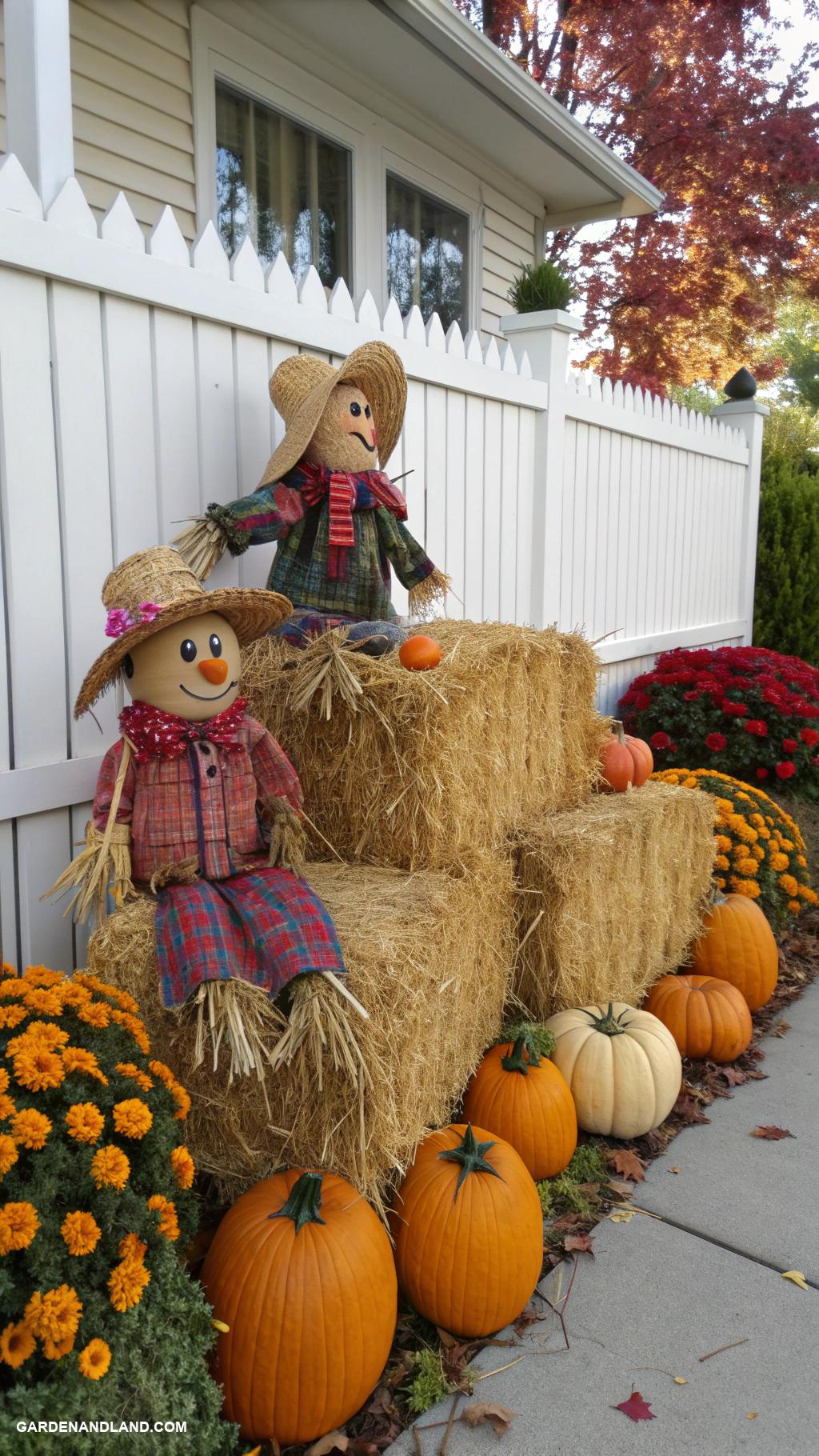 fall exterior house decorating Hay bales arranged with scarecrows