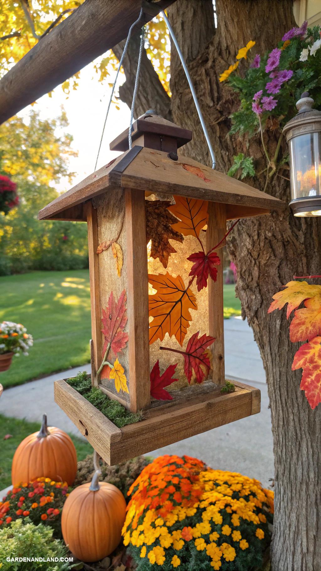 fall exterior house decorating Seasonal bird feeders decorated with leaves