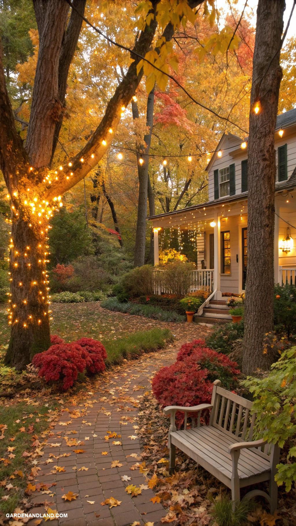 fall exterior house decorating String lights around trees and shrubs