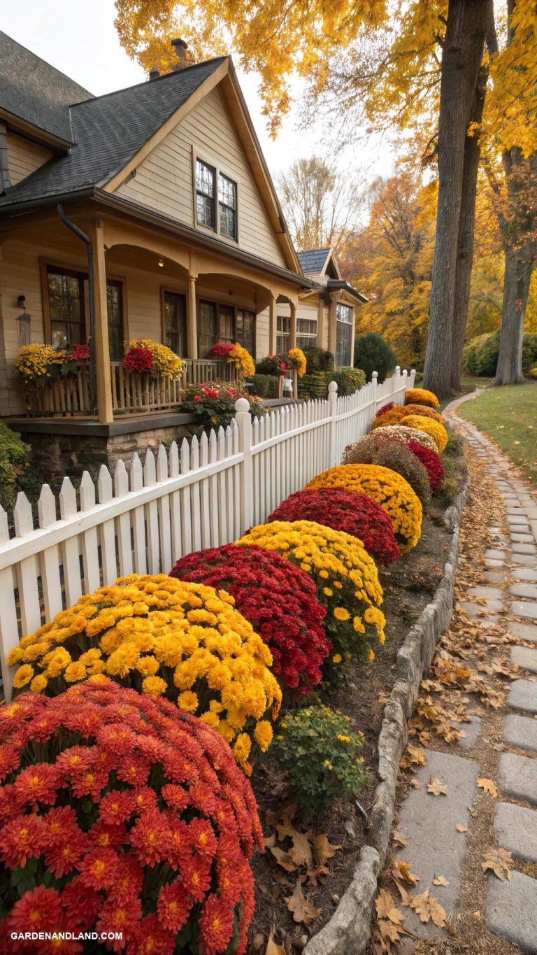 fall front yard ideas Chrysanthemum display beds