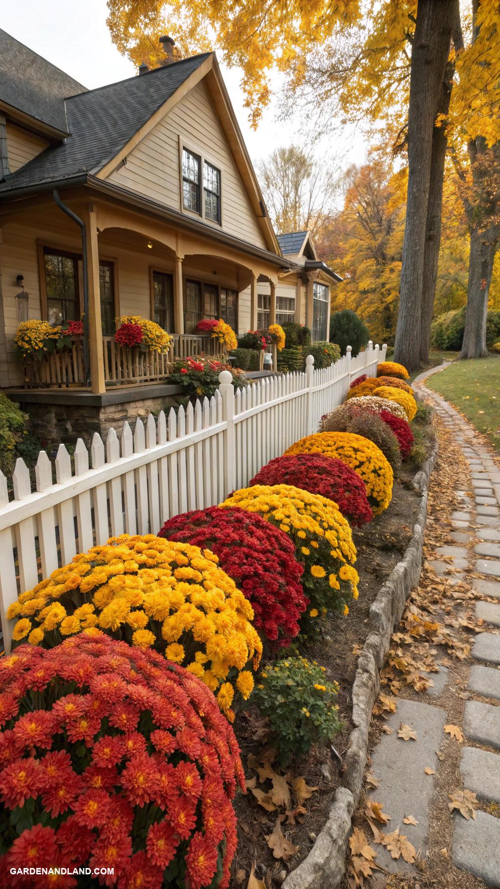 fall front yard ideas Chrysanthemum display beds