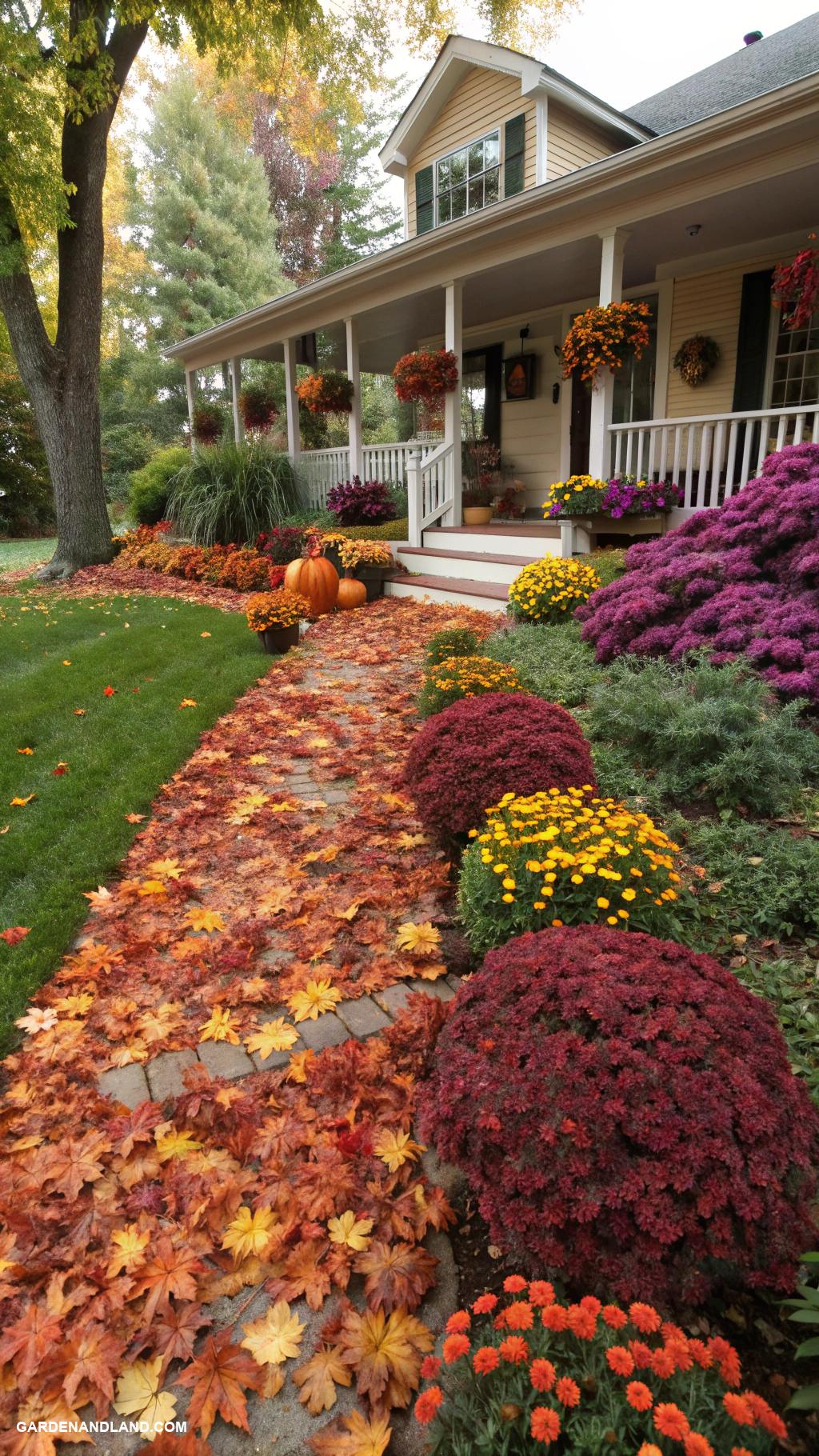 fall front yard ideas Fallen leaf mulch beds