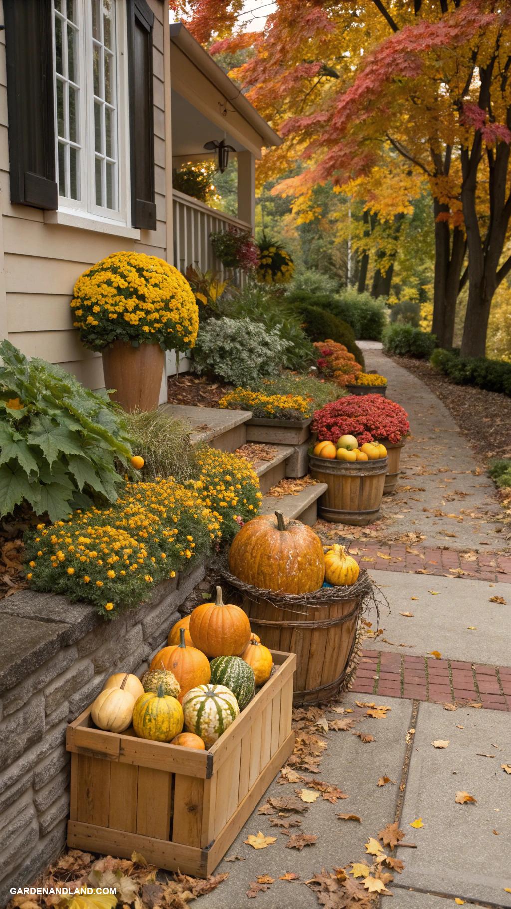 fall front yard ideas Gourd filled planters