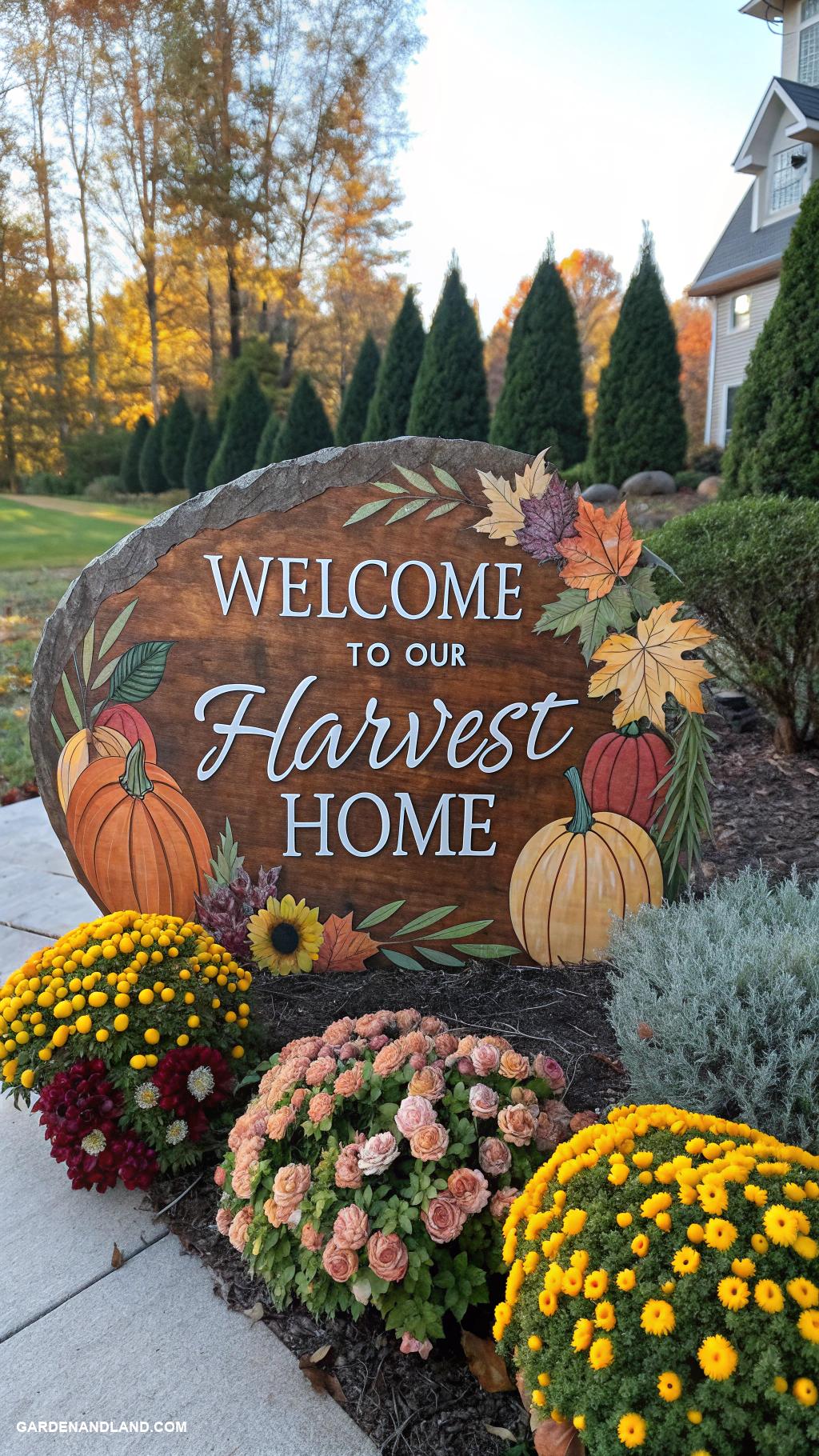 fall front yard ideas Harvest themed welcome sign