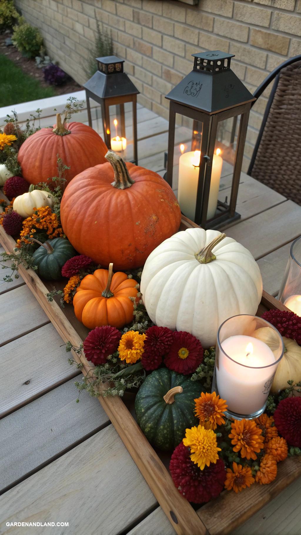 fall patio ideas Pumpkin themed table centerpiece designs
