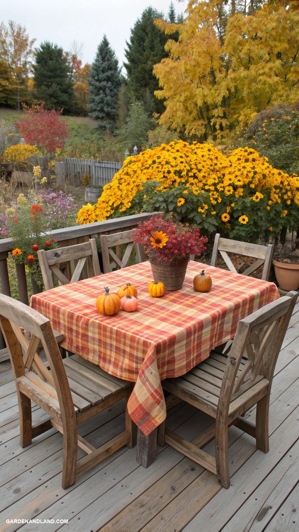 fall patio ideas Rustic wooden furniture for charming appeal