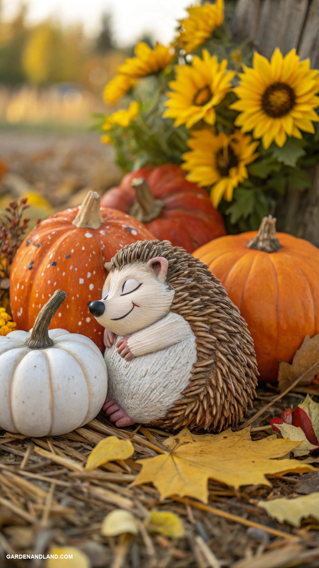 fall yard decorations Adorable animal figurines among pumpkins