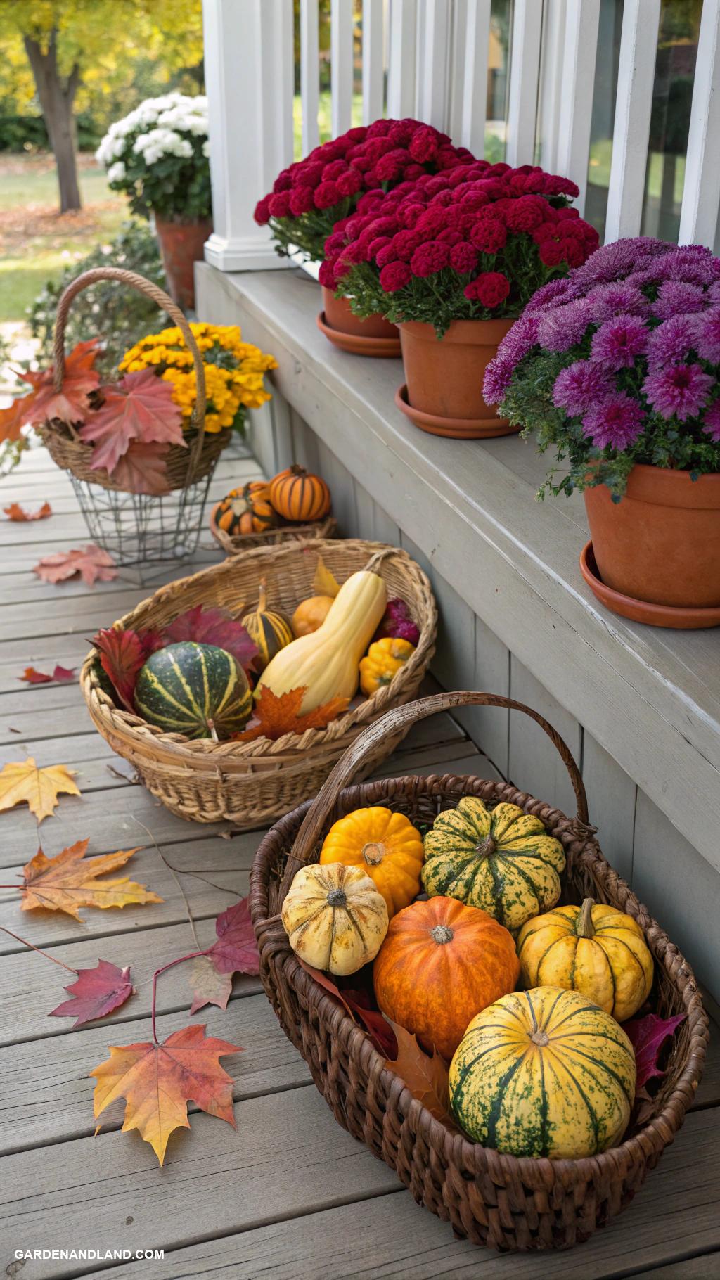 fall yard decorations Colorful gourds in decorative baskets