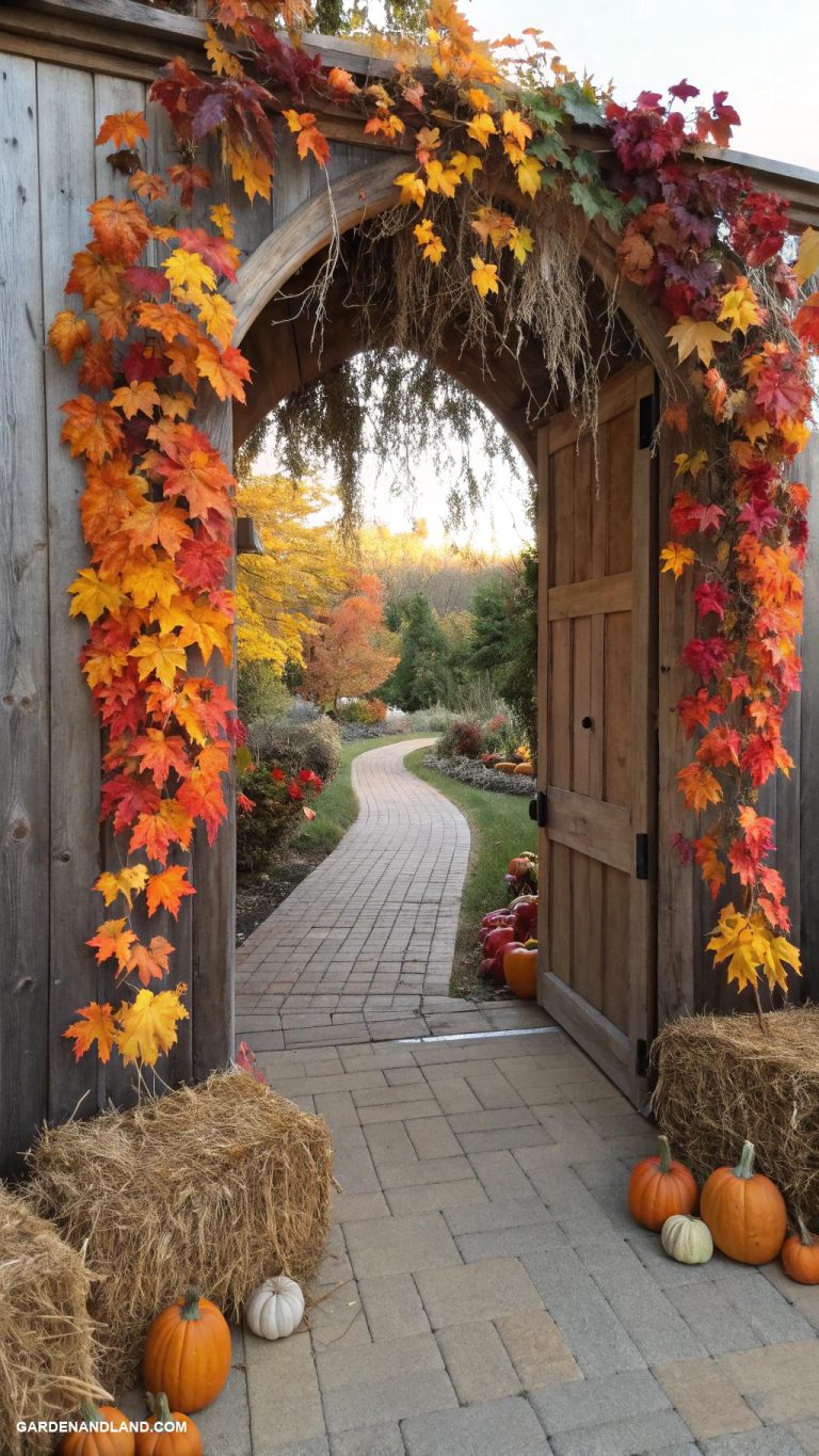 fall yard decorations Doorway arch of hanging leaves