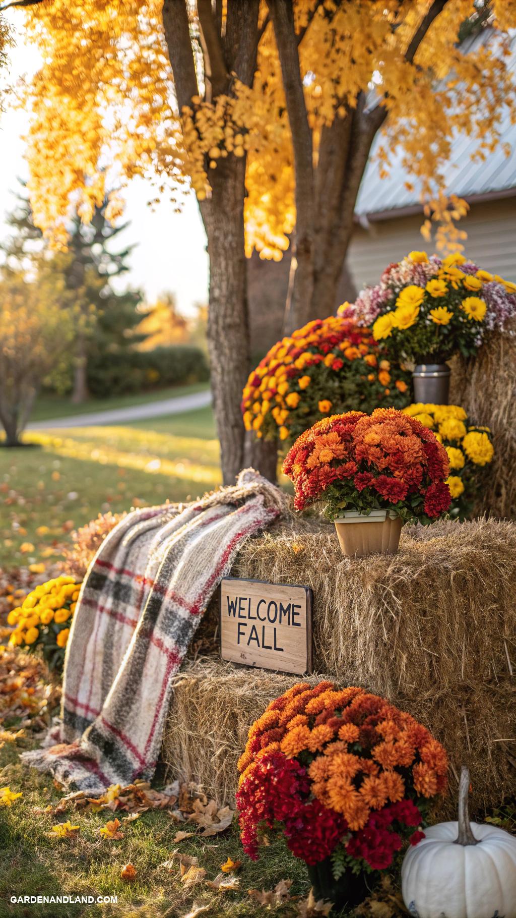 fall yard decorations Hay bales adorned with mums