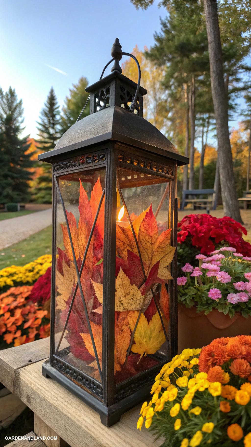 fall yard decorations Lanterns with autumn foliage inside