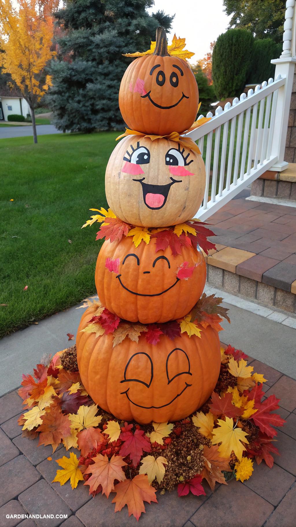 fall yard decorations Pumpkin stack with painted faces