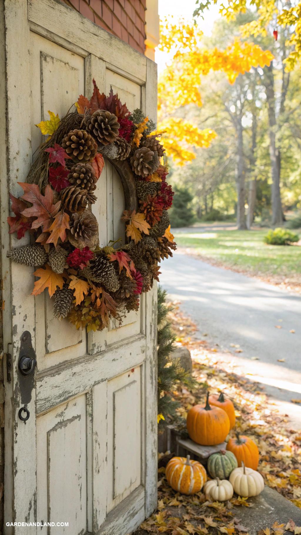 fall yard decorations Wreaths made of pinecones and leaves
