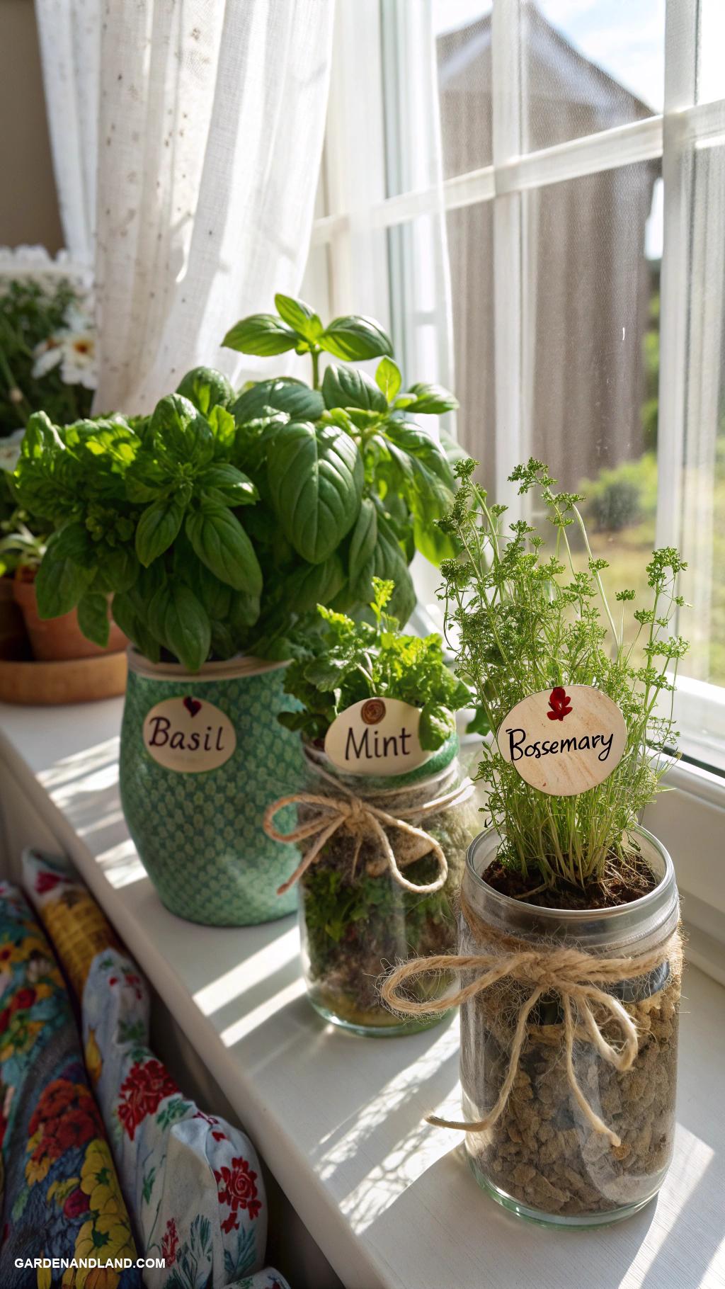 flower planter ideas Glass jar herb garden on windowsill