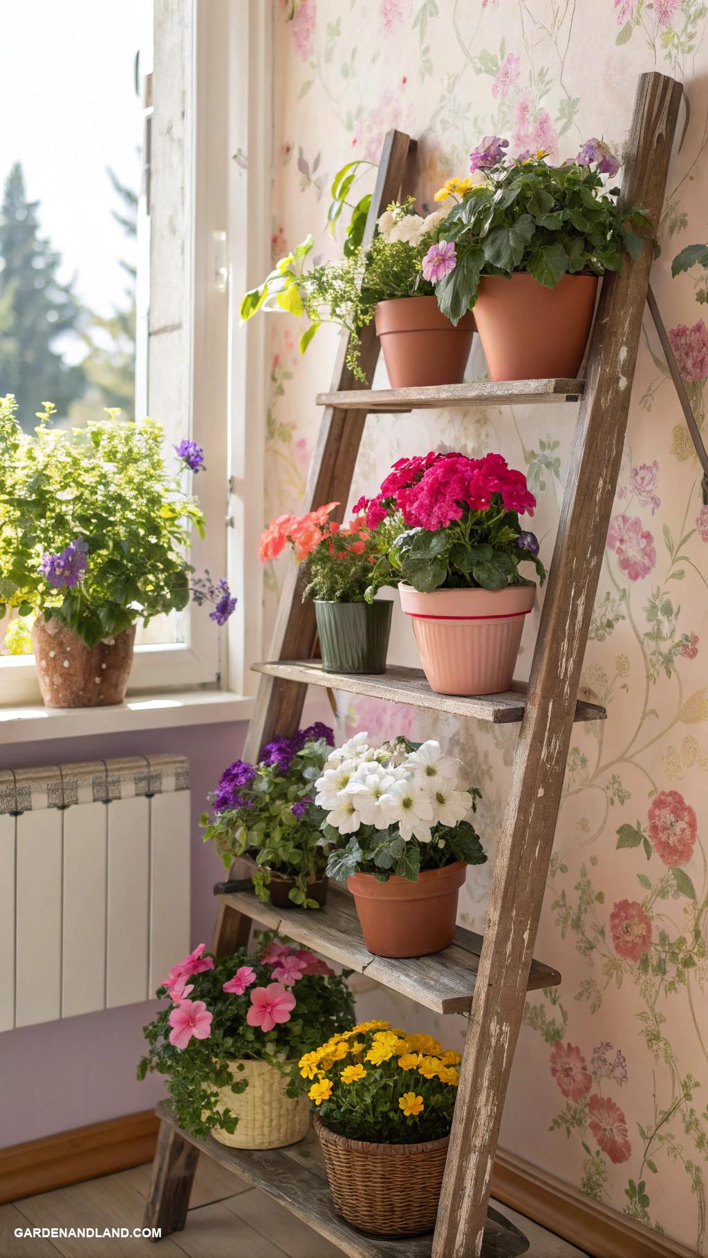 flower planter ideas Ladder shelf with potted flowers