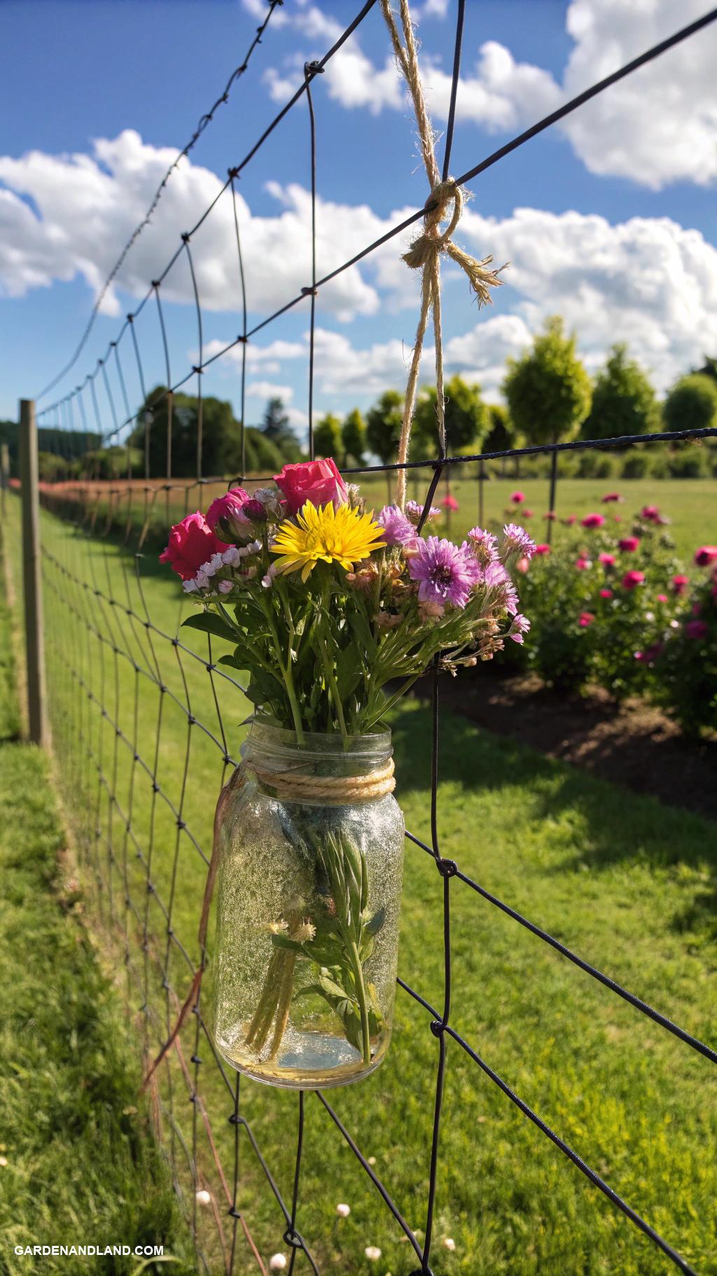 flower planter ideas Mason jars strung on wire fence