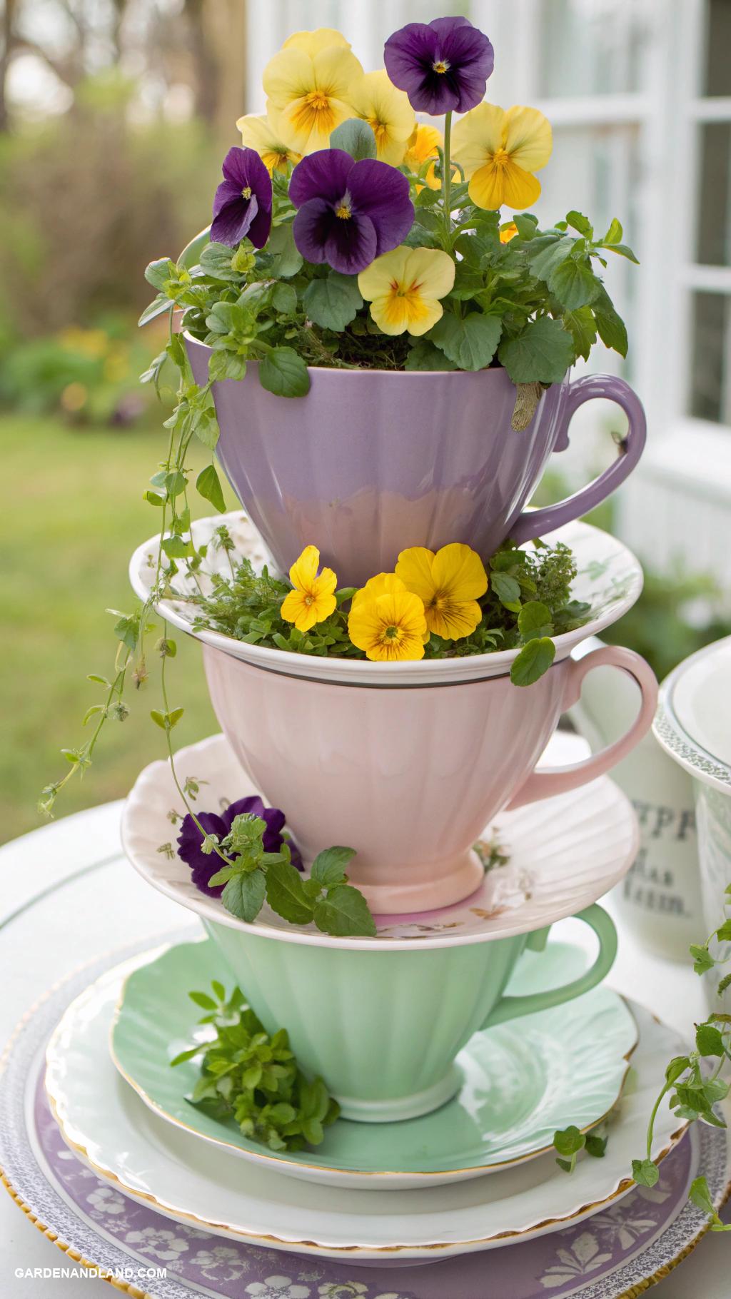 flower planter ideas Teacup and saucer tiered planters