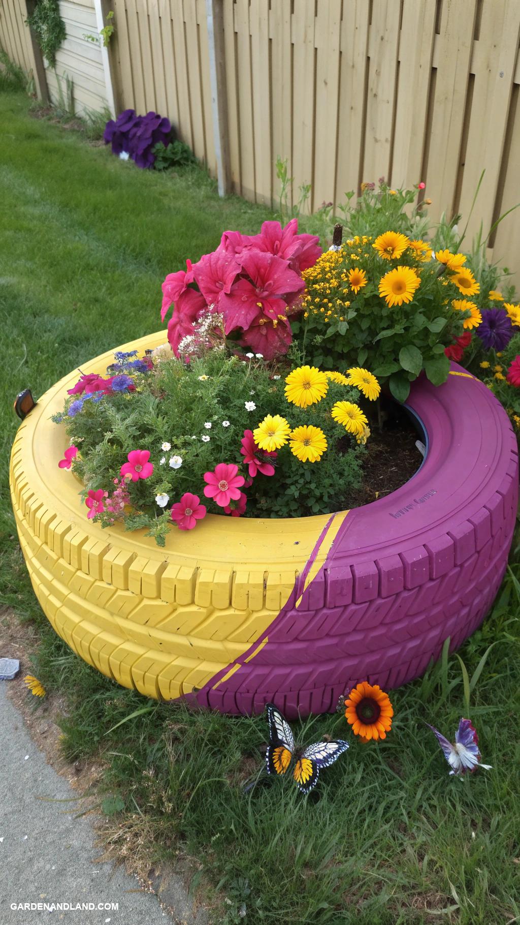 flower planter ideas Upcycled tire planters in vibrant colors