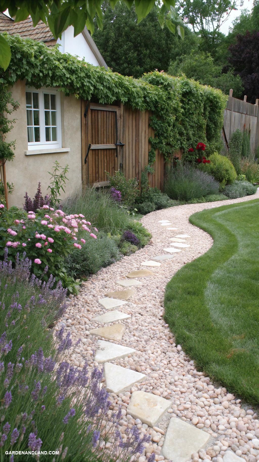 front yard landscaping Decorative gravel paths for unique texture