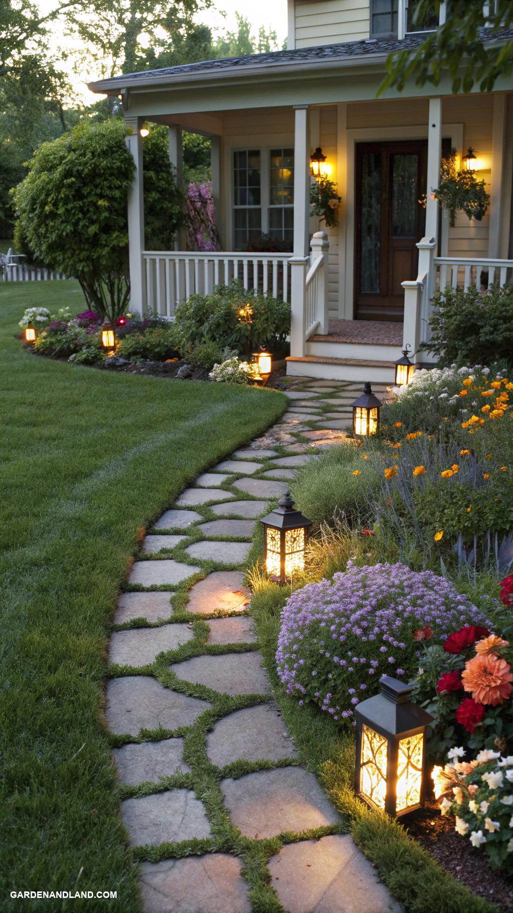 front yard landscaping Pathway lined with solar powered lanterns