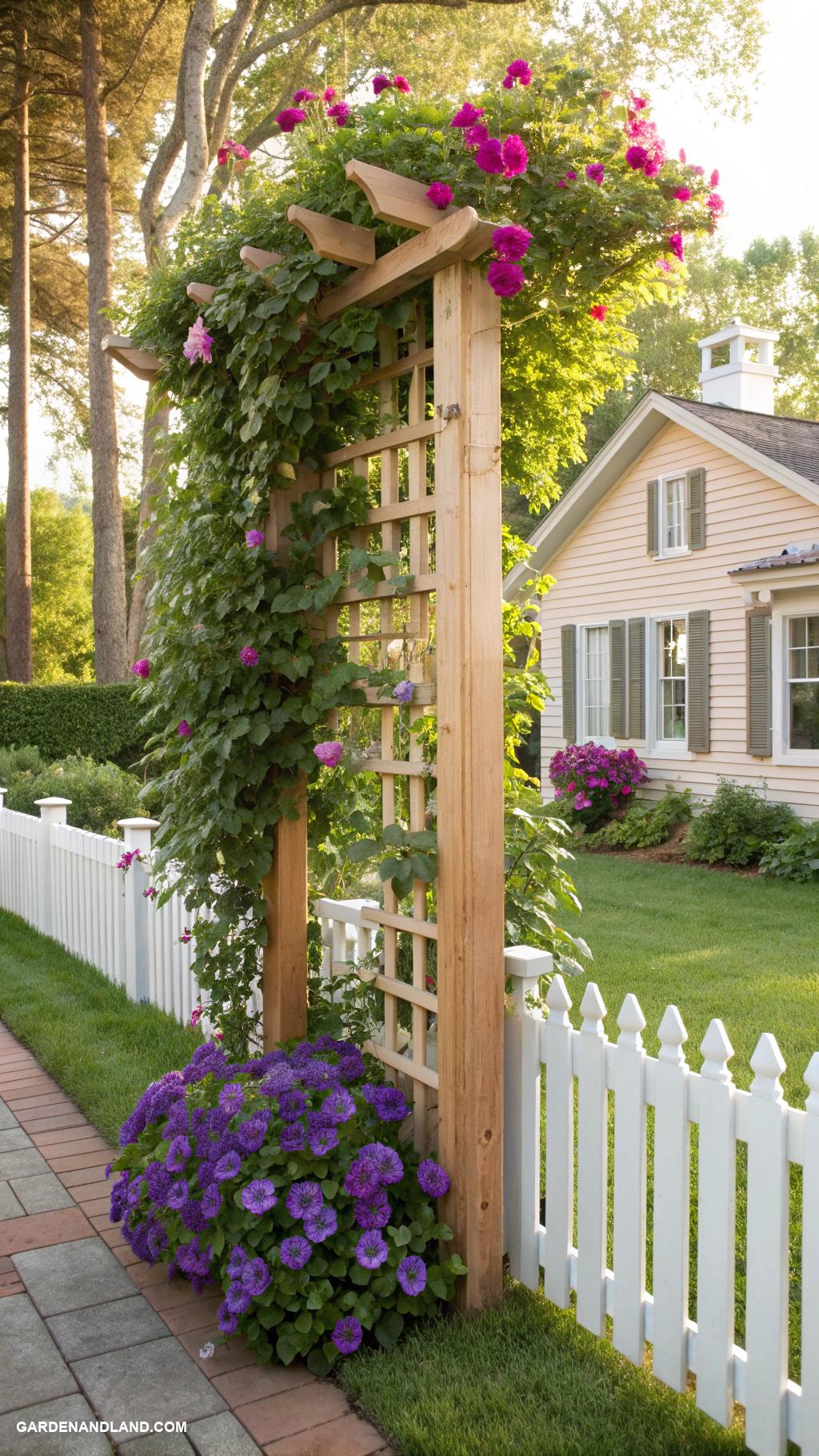 front yard landscaping Vertical garden trellis with climbing plants