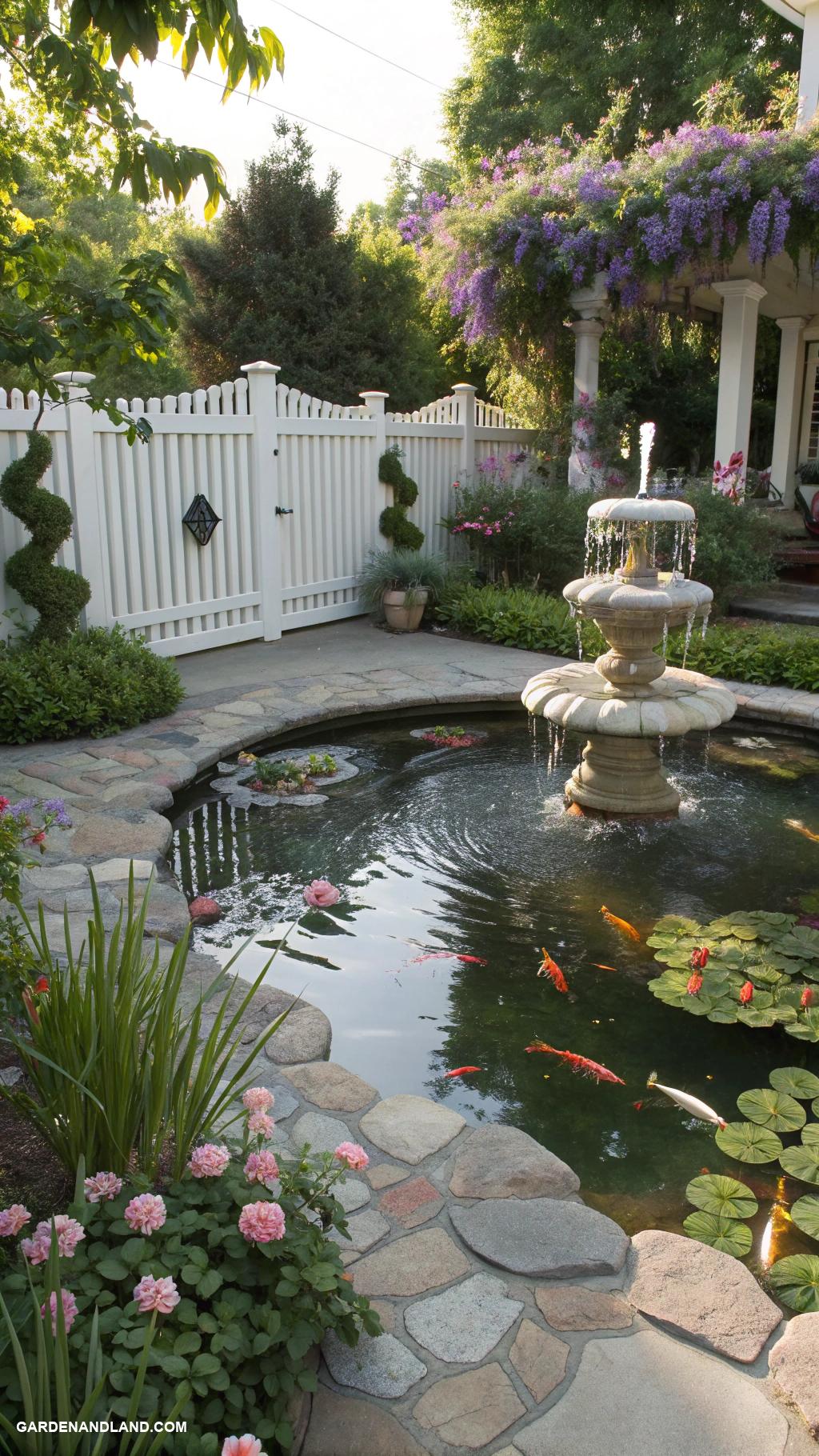 front yard landscaping Water feature with koi pond and fountain
