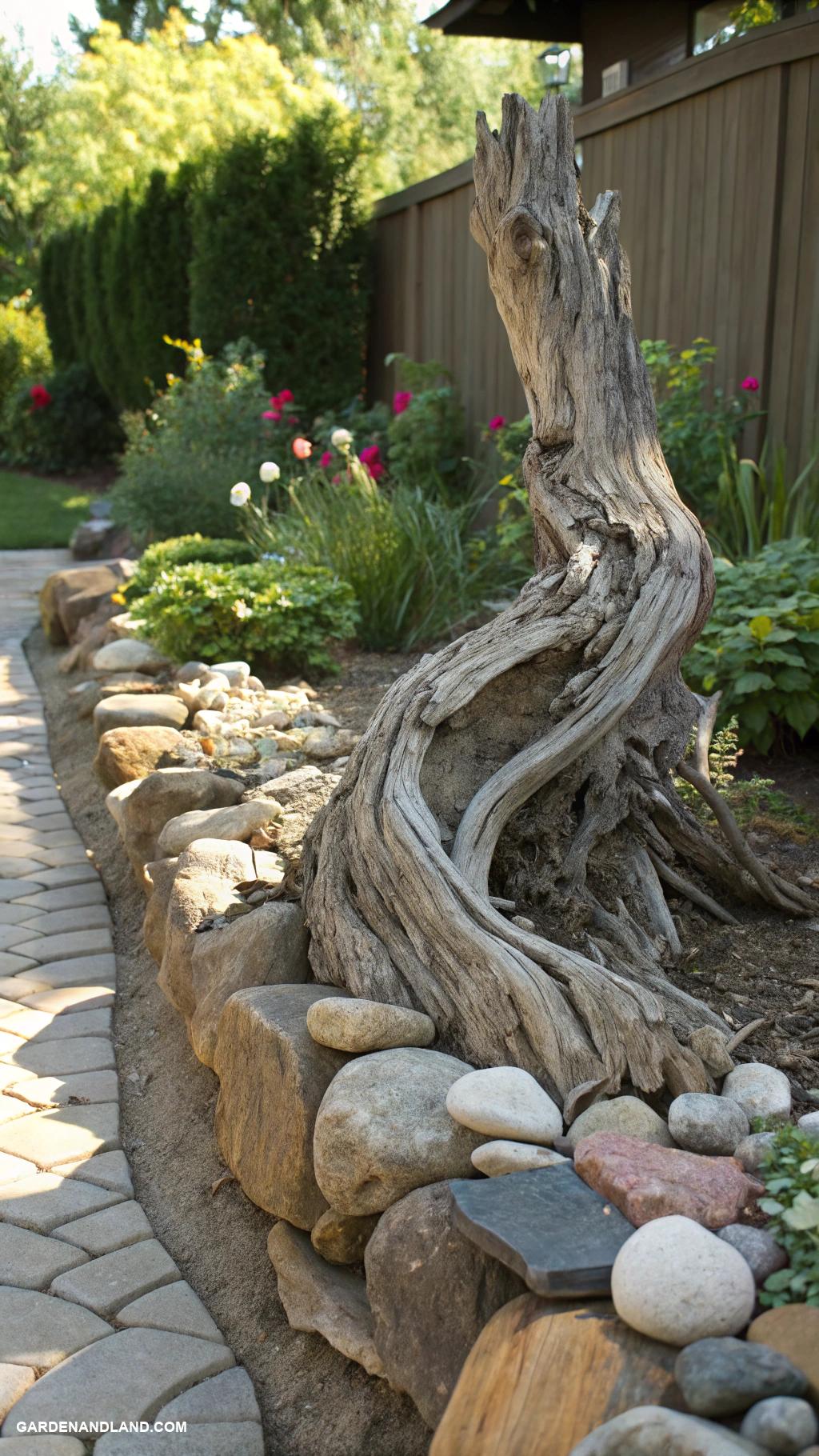 rock garden borders Driftwood sculptures accentuating rock formations
