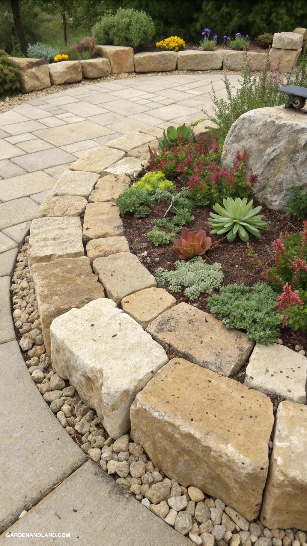 rock garden borders Limestone bricks arranged in a circular pattern