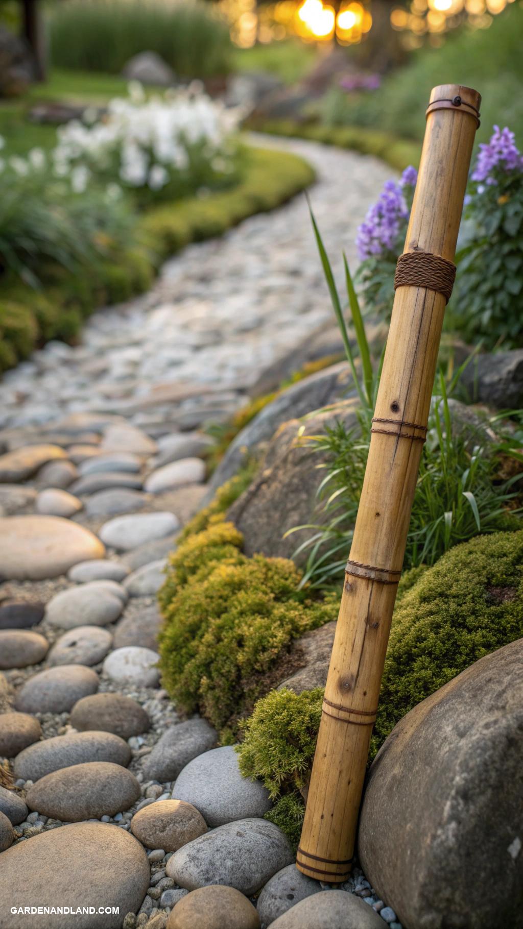 rock garden borders Natural bamboo poles for a rustic look