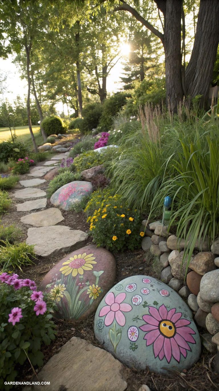 rock garden borders Painted rocks creating whimsical pathways